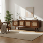 Móvel de sala em madeira e palhinha para decoração B2B