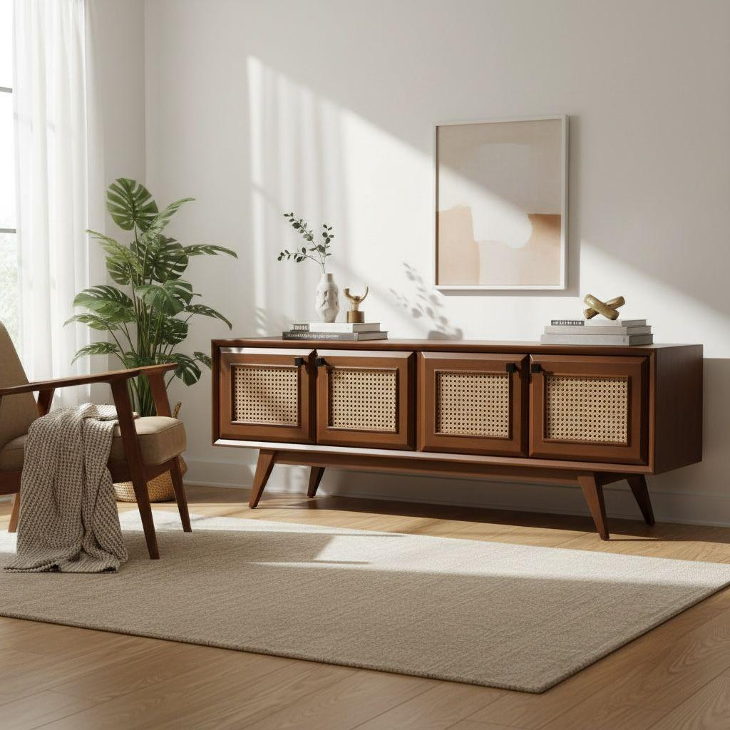 Móvel de sala em madeira e palhinha para decoração B2B