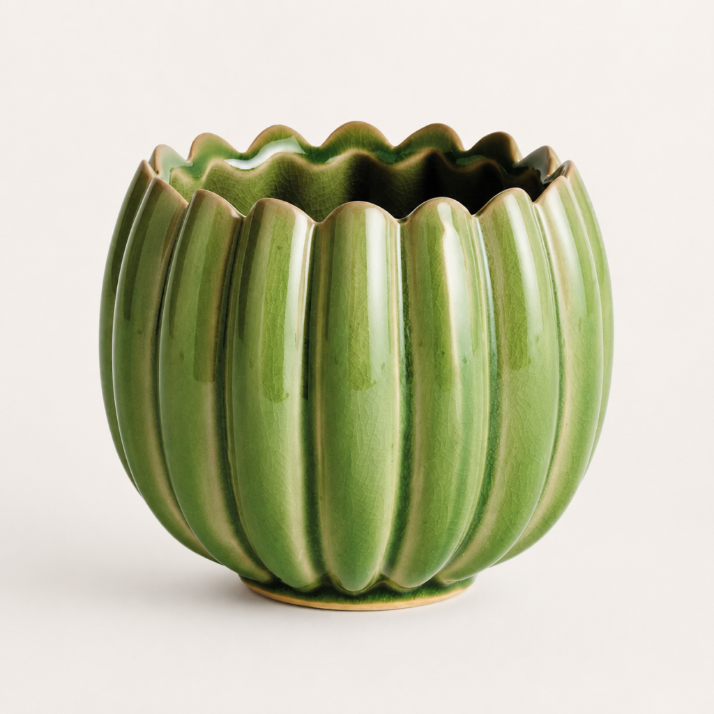 Cachepot Cerâmico Verde com Bordas Onduladas