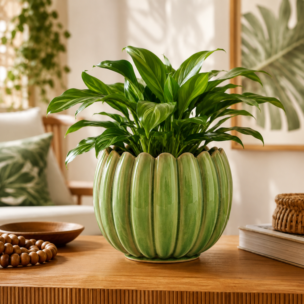 Cachepot Cerâmico Verde com Bordas Onduladas