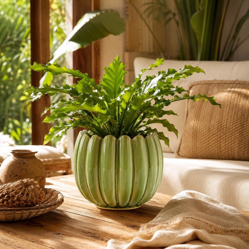 Cachepot Cerâmico Verde com Bordas Onduladas