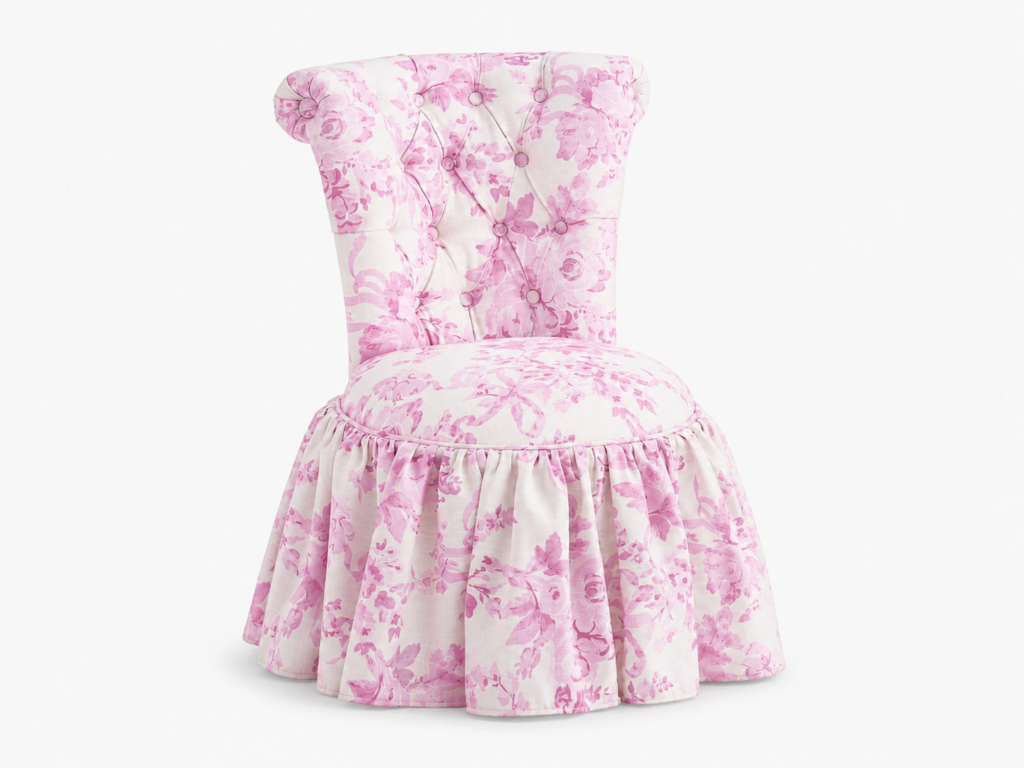 Cadeira de Apoio Floral Rosa com Encosto Capitonê e Saia Franzida