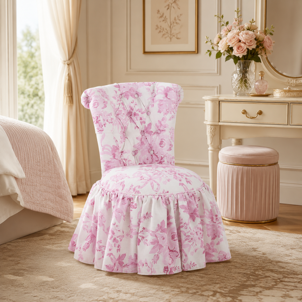 Cadeira de Apoio Floral Rosa com Encosto Capitonê e Saia Franzida