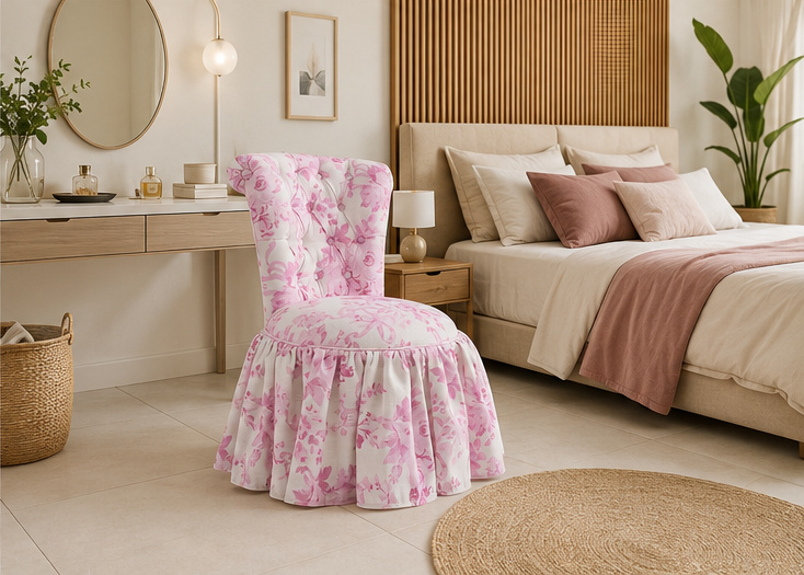 Cadeira de Apoio Floral Rosa com Encosto Capitonê e Saia Franzida