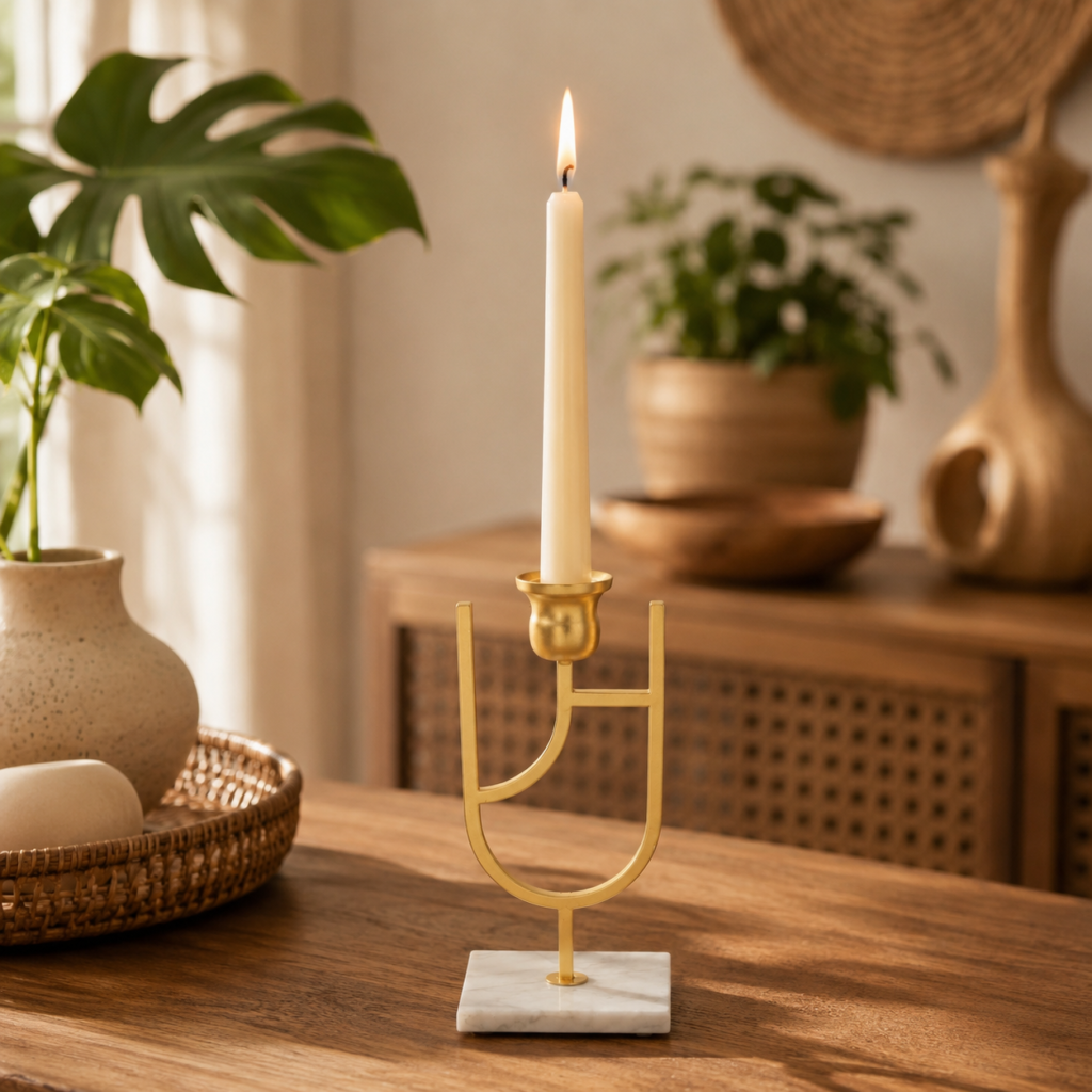Castiçal Dourado Geométrico com Base Marmorizada