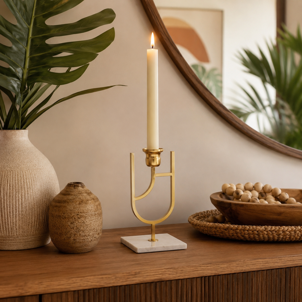 Castiçal Dourado Geométrico com Base Marmorizada