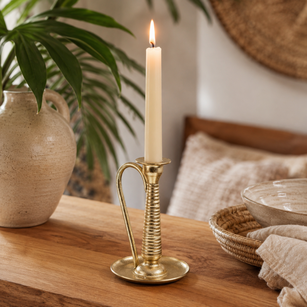 Castiçal Dourado com Alça Decorativa e Base Redonda