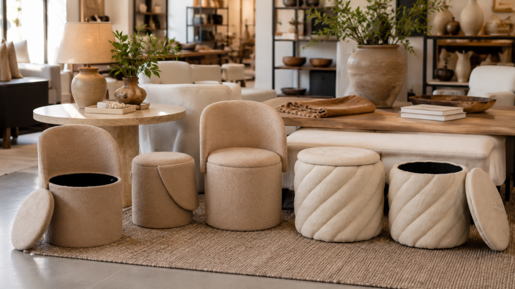Coleção de Pufes Baú e Banquetas Estofadas para Lojas e Projetos