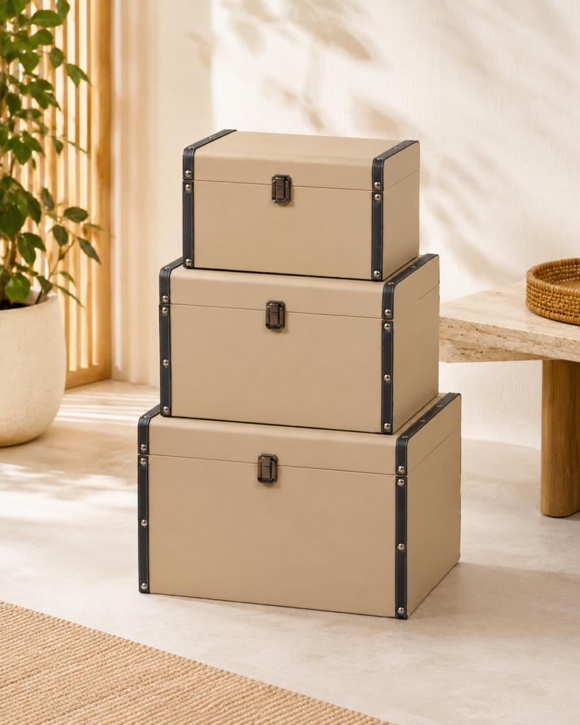 Conjunto de Baús Decorativos Empilháveis em Tons Neutros