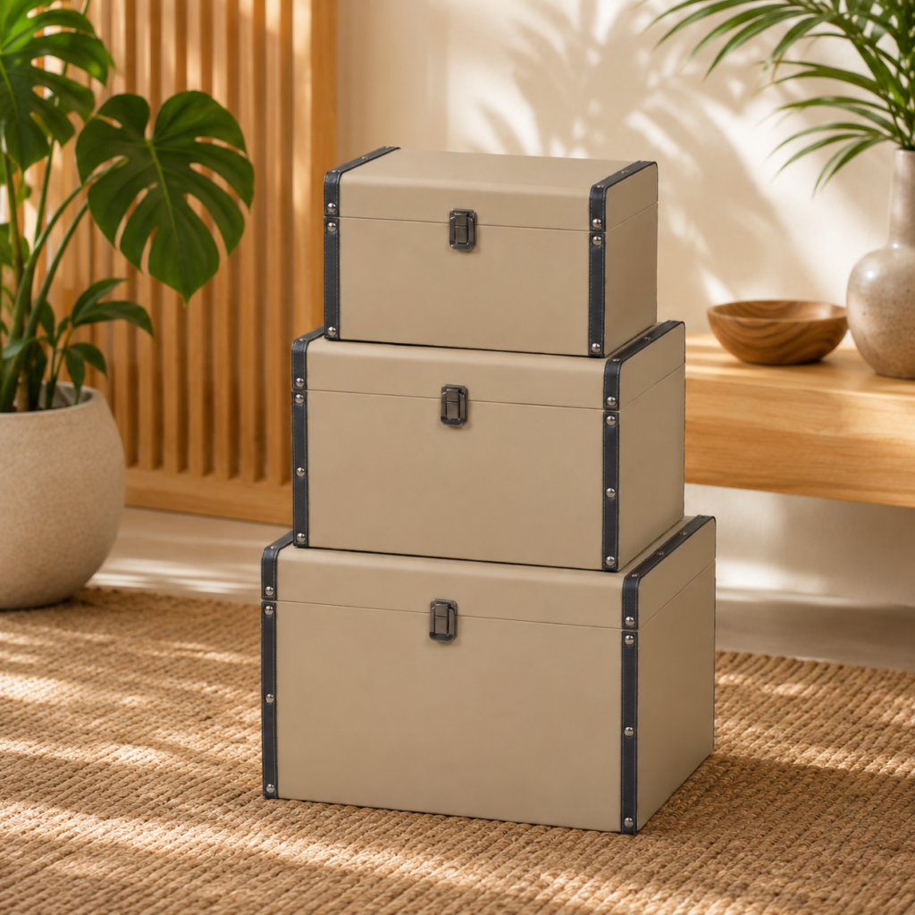 Conjunto de Baús Decorativos Empilháveis em Tons Neutros