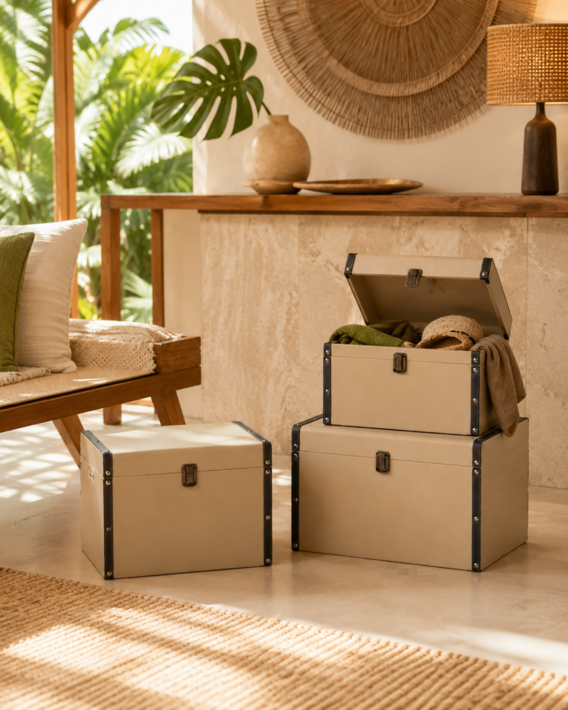 Conjunto de Baús Decorativos Empilháveis em Tons Neutros