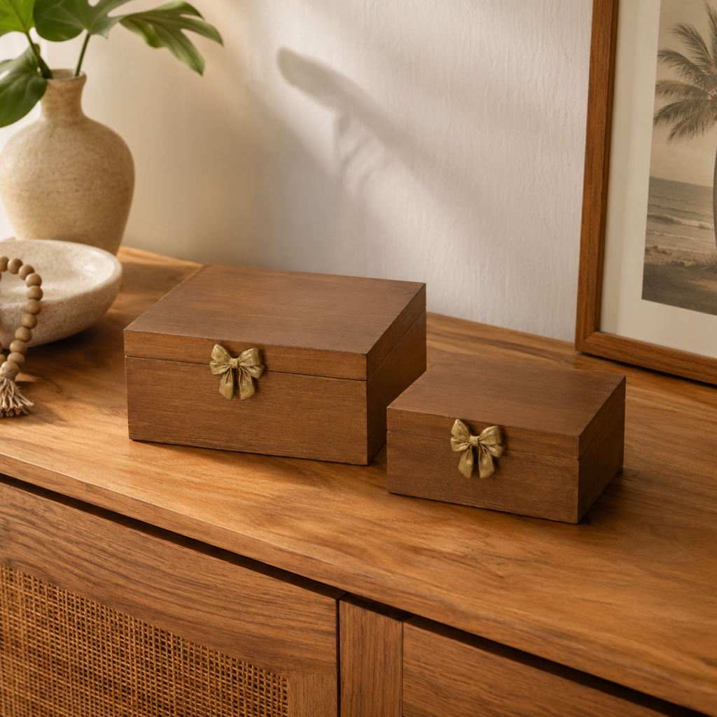 Conjunto de Caixas Decorativas Amadeiradas com Laço Dourado