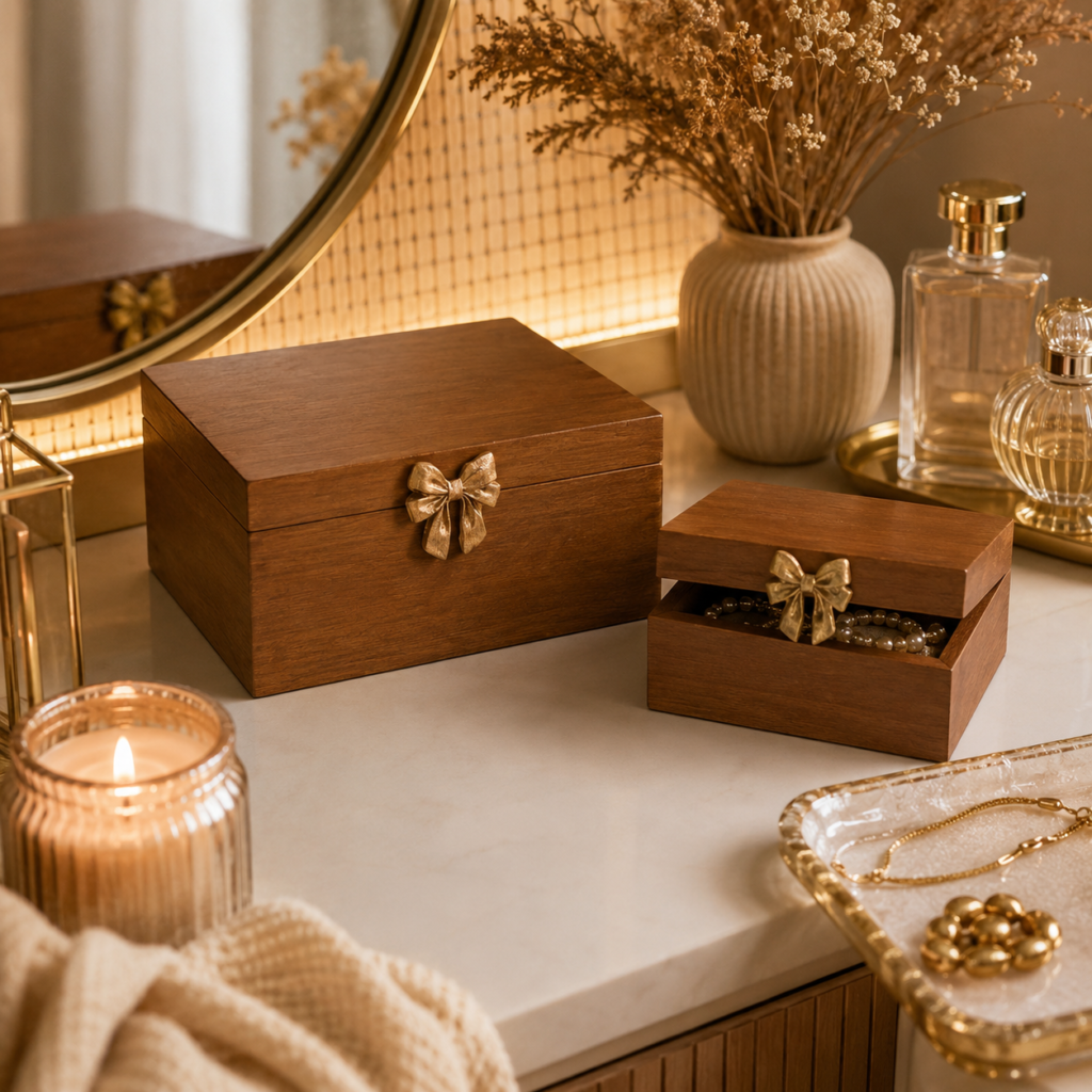Conjunto de Caixas Decorativas Amadeiradas com Laço Dourado