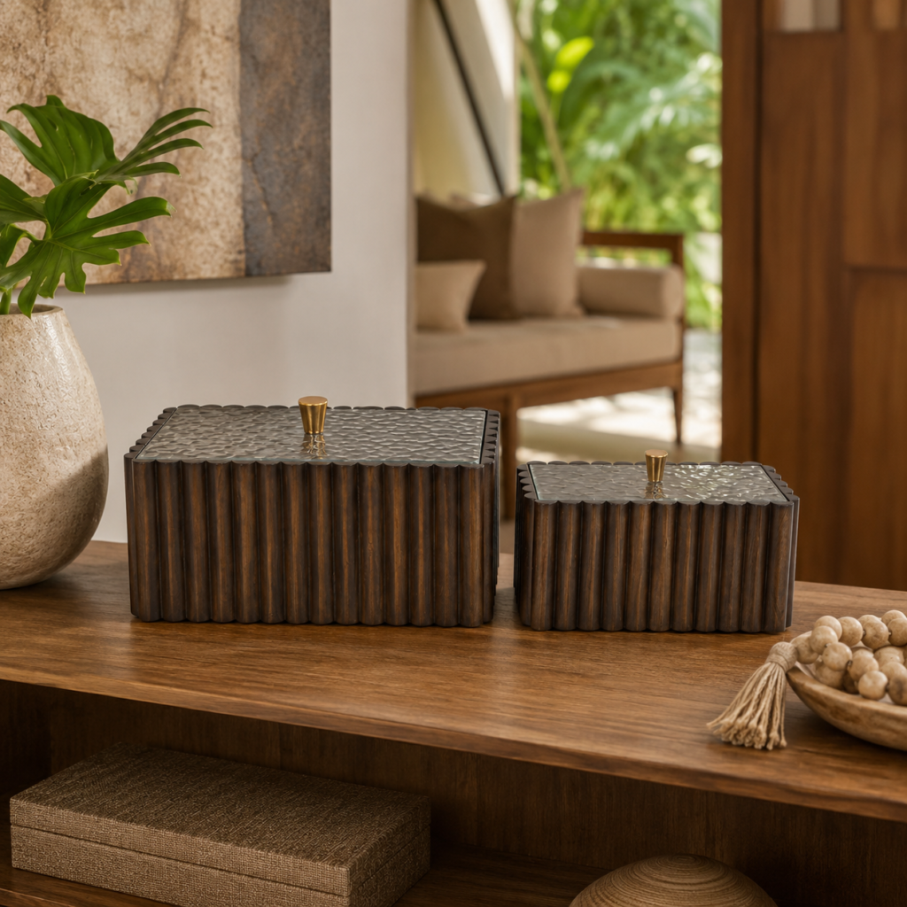 Conjunto de Caixas Decorativas Caneladas em Marrom com Tampa Texturizada