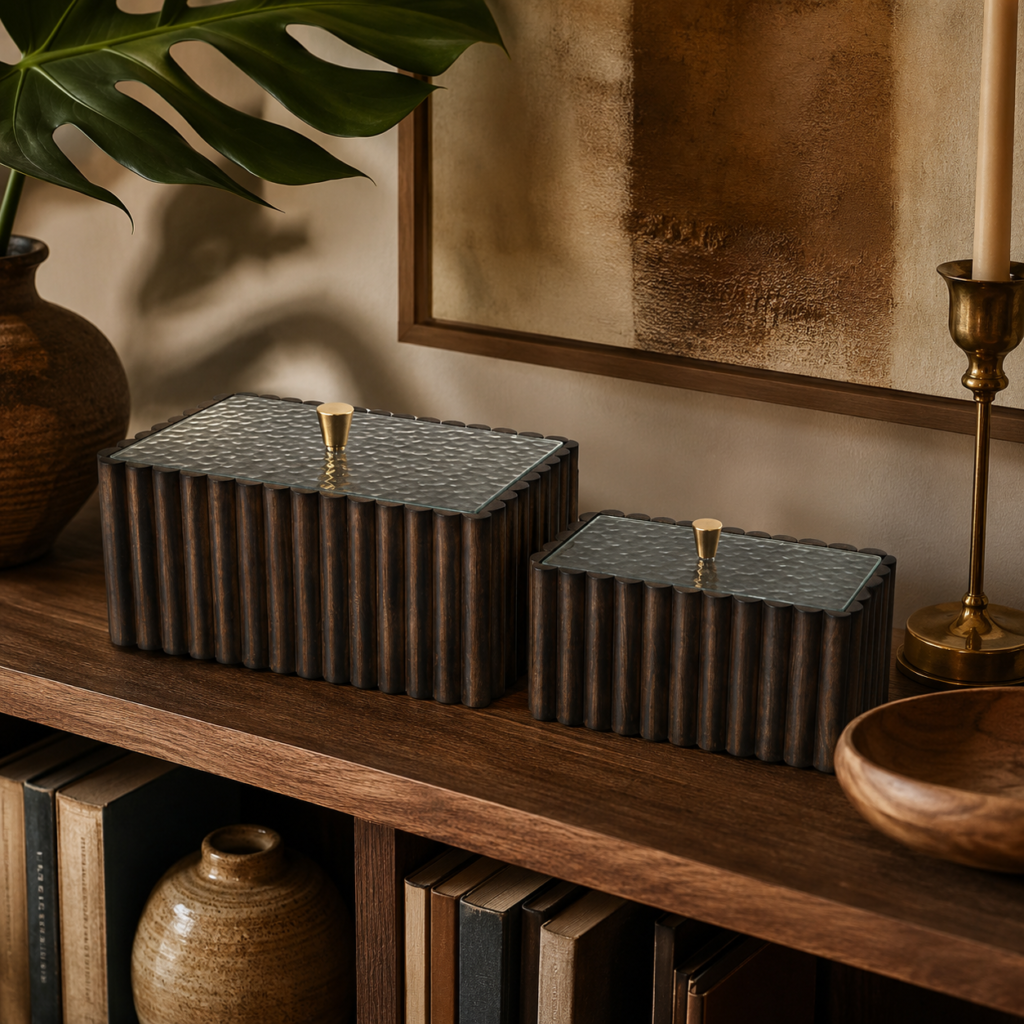 Conjunto de Caixas Decorativas Caneladas em Marrom com Tampa Texturizada