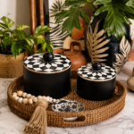 Conjunto de Caixas Redondas Pretas com Tampa de Padrão Óptico