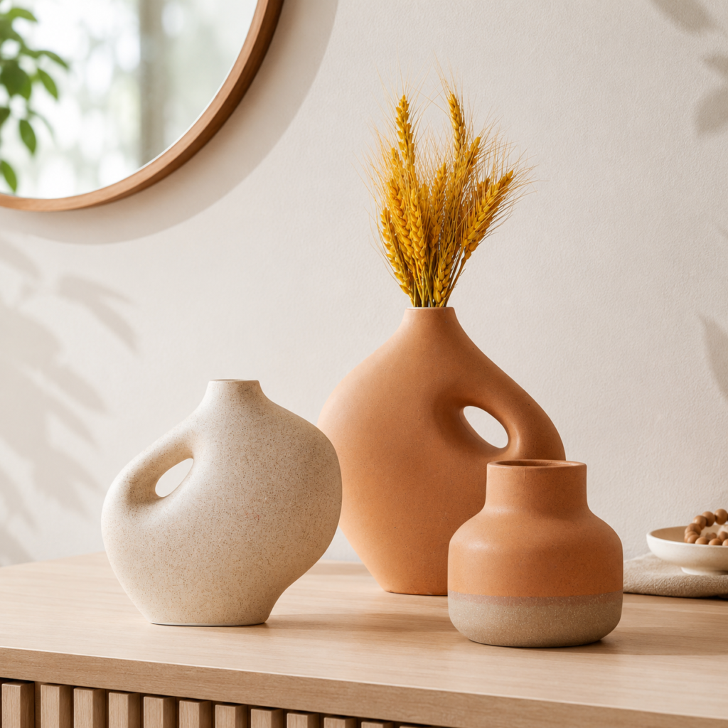 Conjunto de Vasos Esculturais Orgânicos Areia e Terracota
