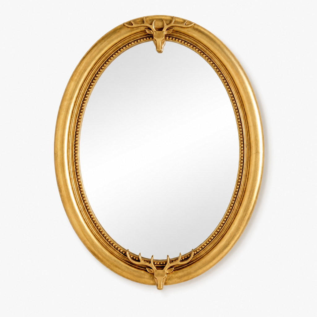 Espelho Oval Dourado com Detalhes de Cervo