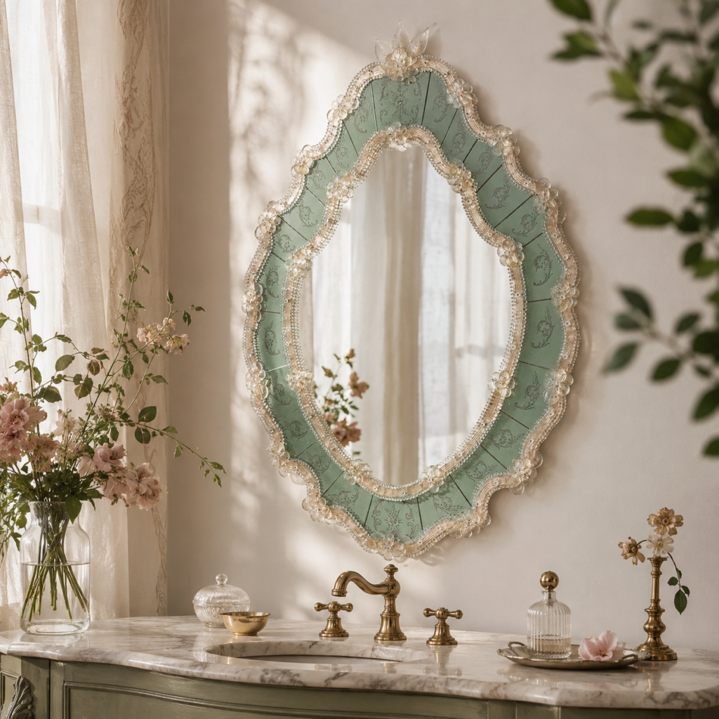 Espelho Veneziano Verde com Moldura Floral
