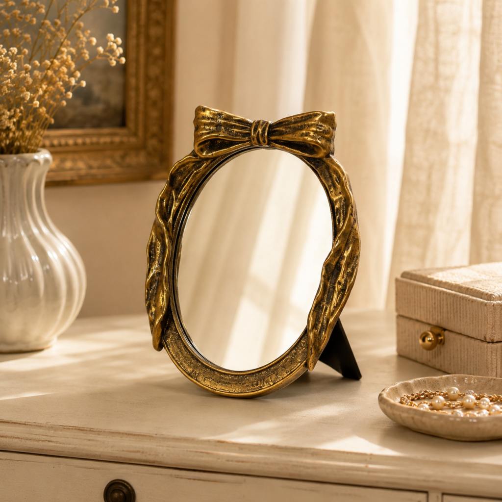 Espelho de Mesa Dourado com Laço Oval