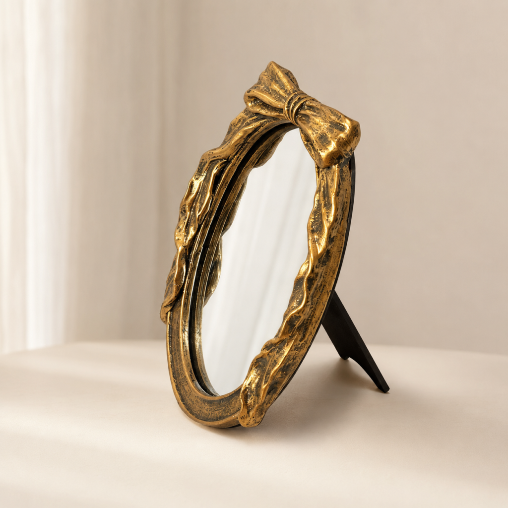 Espelho de Mesa Dourado com Laço Oval