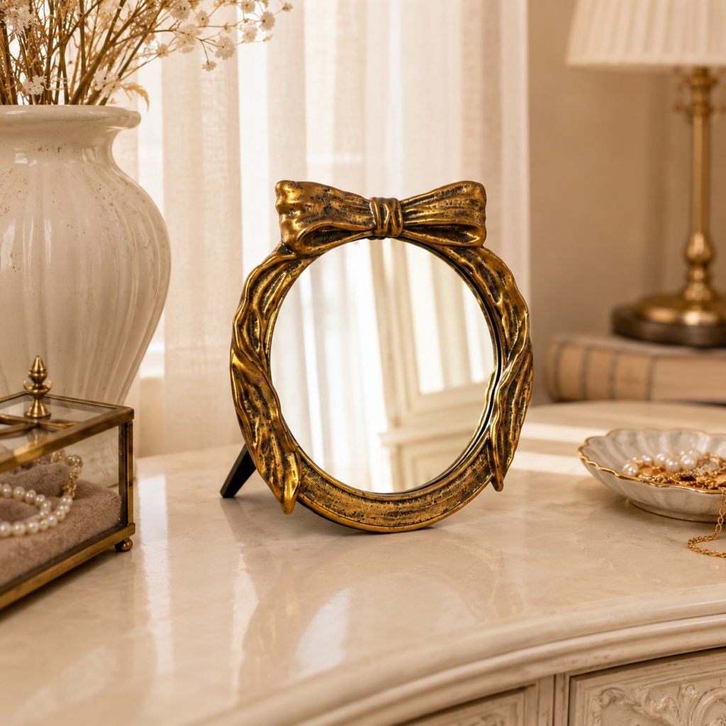 Espelho de Mesa Dourado com Laço Redondo