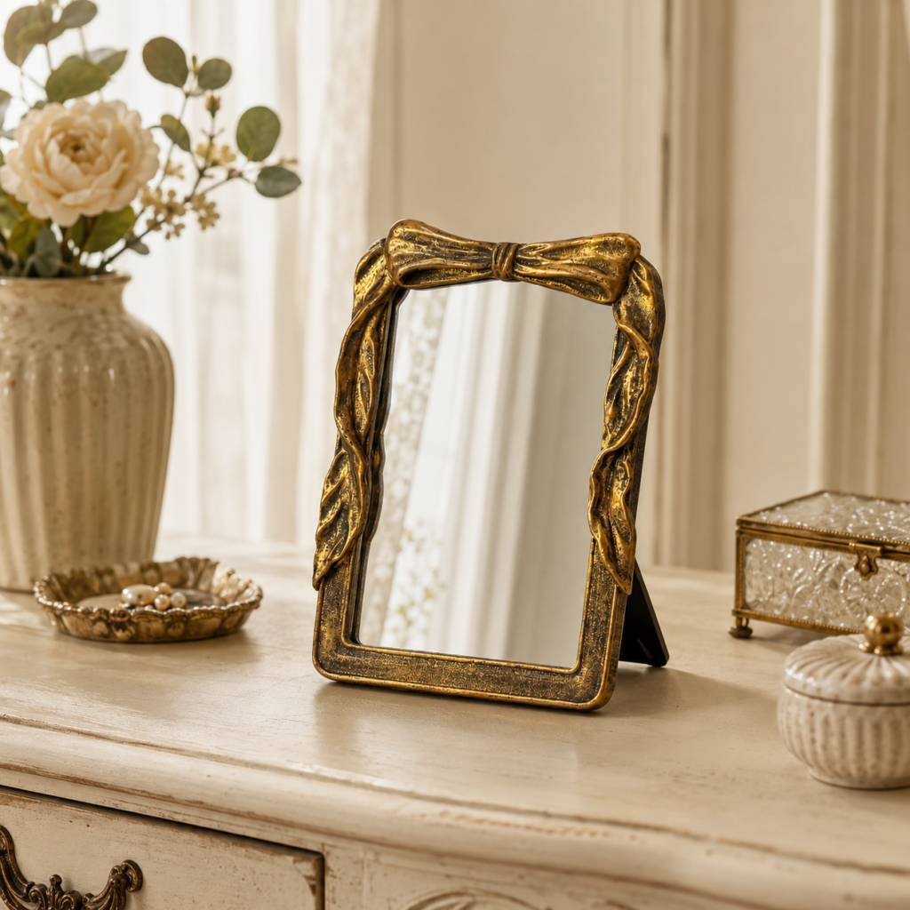 Espelho de Mesa Dourado com Laço Retangular