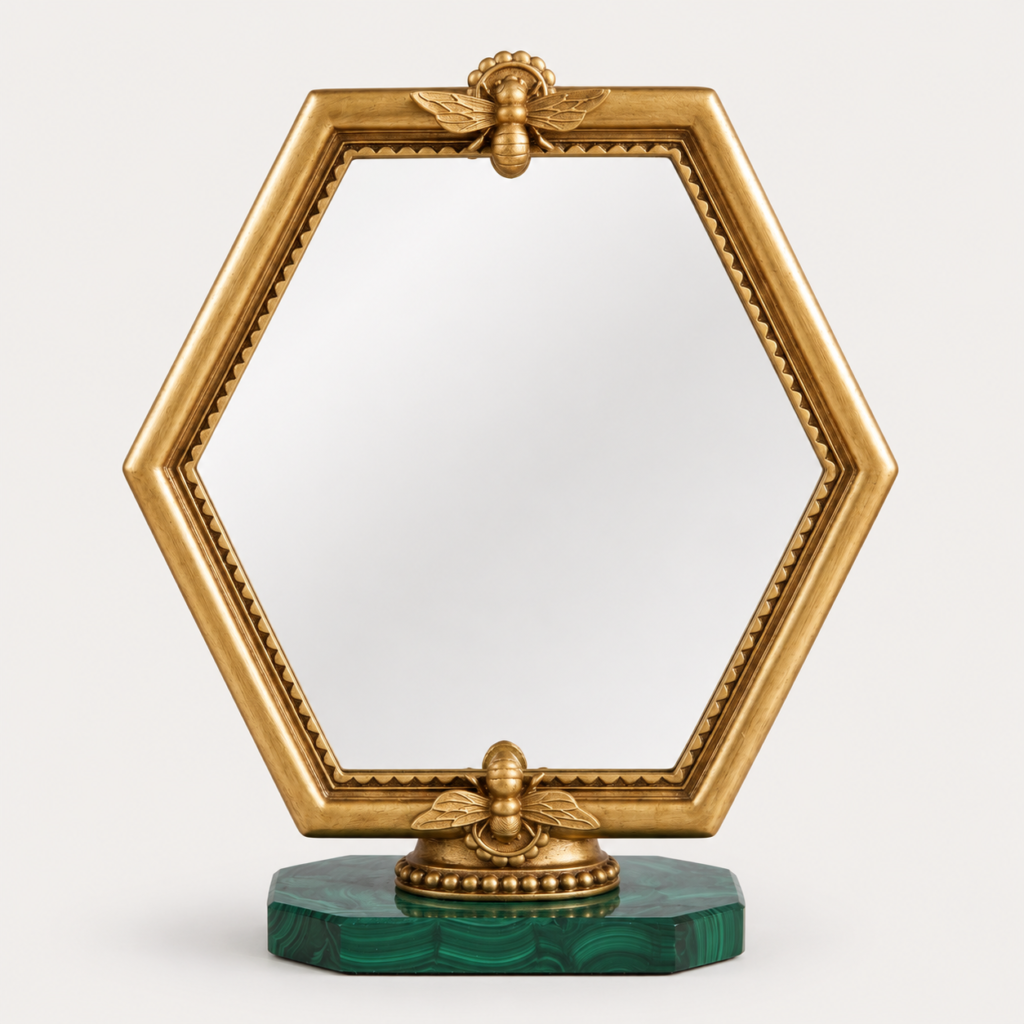 Espelho de Mesa Hexagonal Dourado com Detalhes de Abelha
