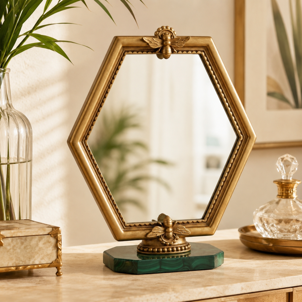 Espelho de Mesa Hexagonal Dourado com Detalhes de Abelha