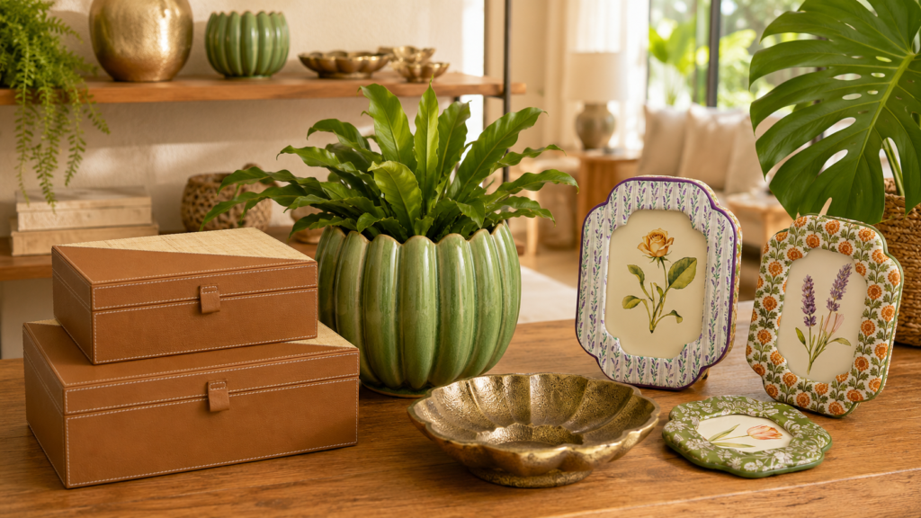 Linha de Caixas Decorativas, Cachepots, Centros de Mesa e Porta-Retratos Botânicos