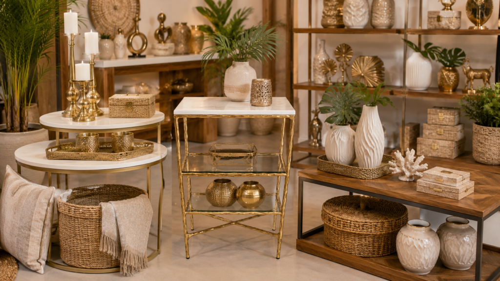 Linha de Mesas Laterais, Vasos, Castiçais e Acessórios Decorativos para Lojas e Importadores