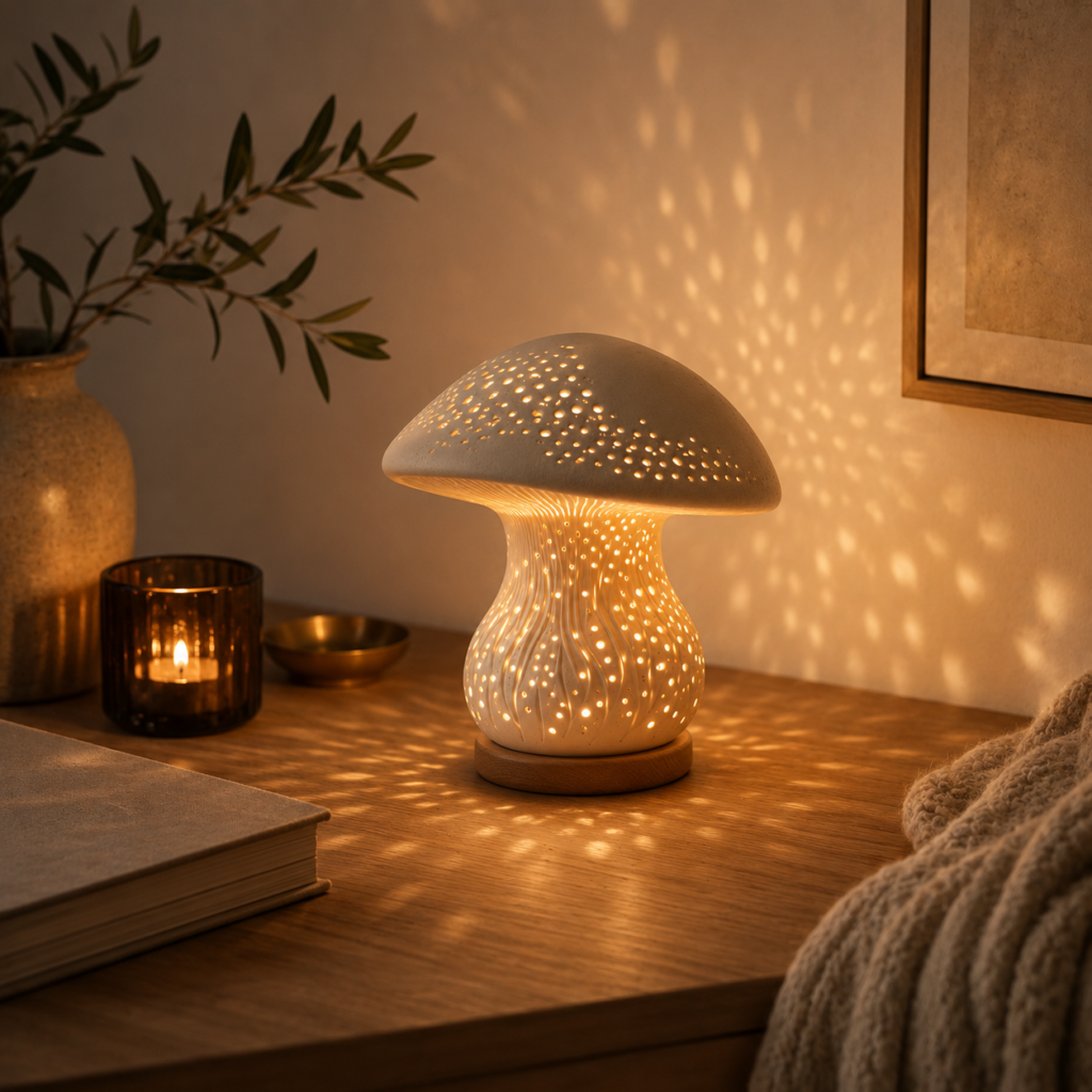 Luminária Decorativa Cogumelo em Cerâmica com LED