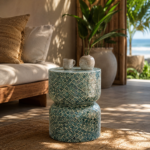 Mesa Lateral Cilíndrica Azul com Mosaico Decorativo
