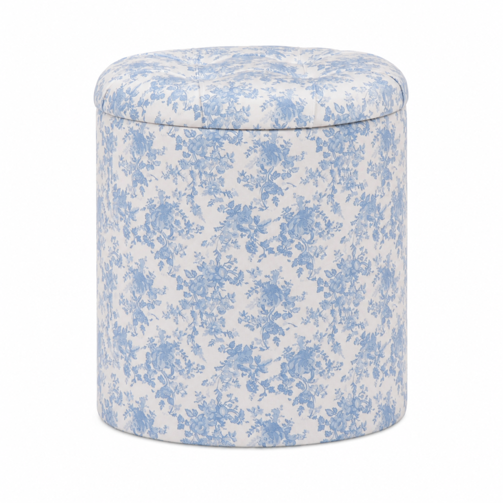 Pufe Baú Cilíndrico Floral Azul
