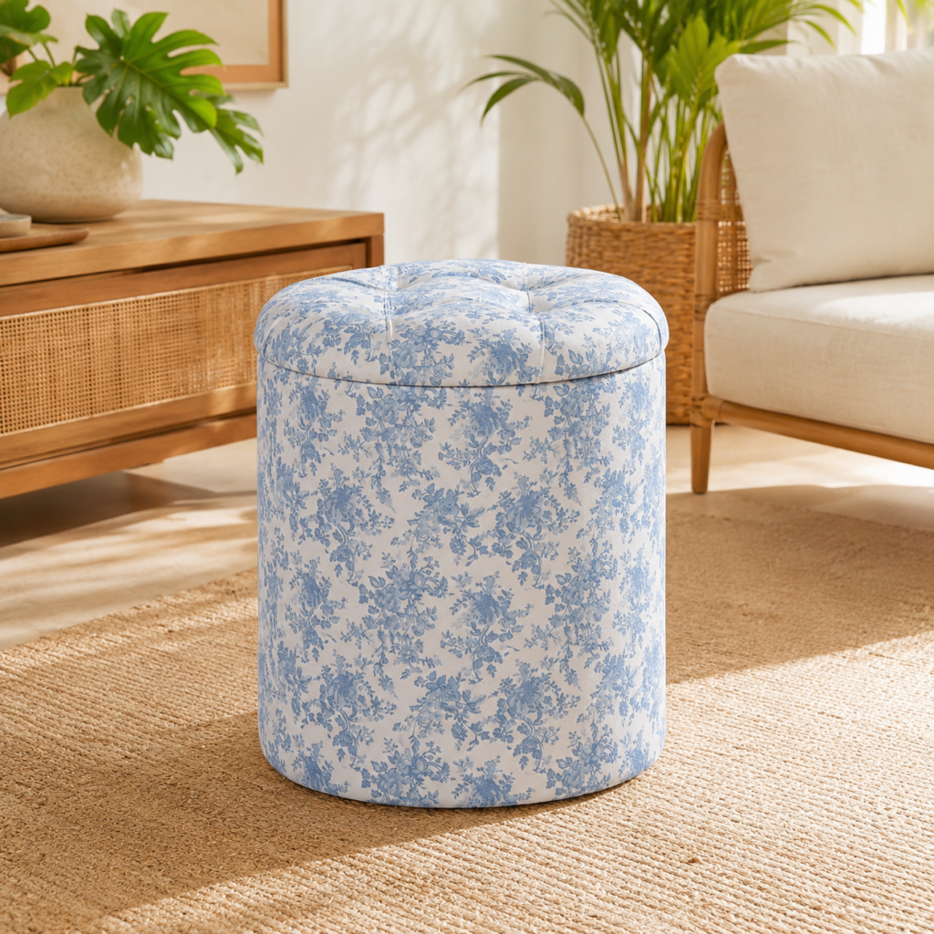 Pufe Baú Cilíndrico Floral Azul