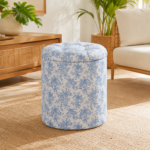 Pufe Baú Cilíndrico Floral Azul