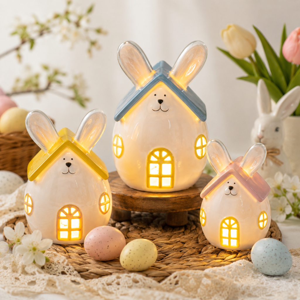 Vila Iluminada de Coelhinhos da Páscoa com LED