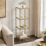 Estante Decorativa Alta Dourada com 4 Prateleiras de Vidro