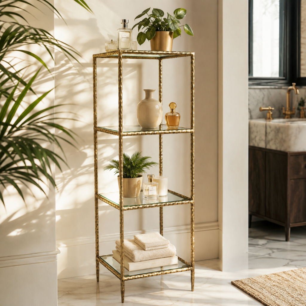 Estante Decorativa Alta Dourada com 4 Prateleiras de Vidro